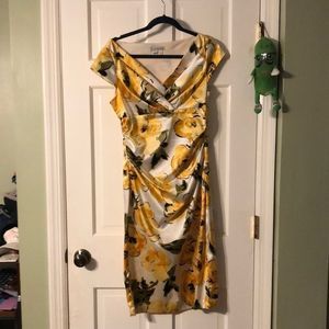 London Times yellow watercolor floral silky dress